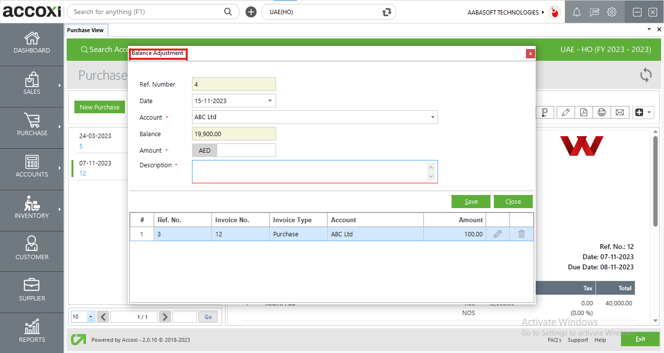 Balance Adjustment In Purchase View