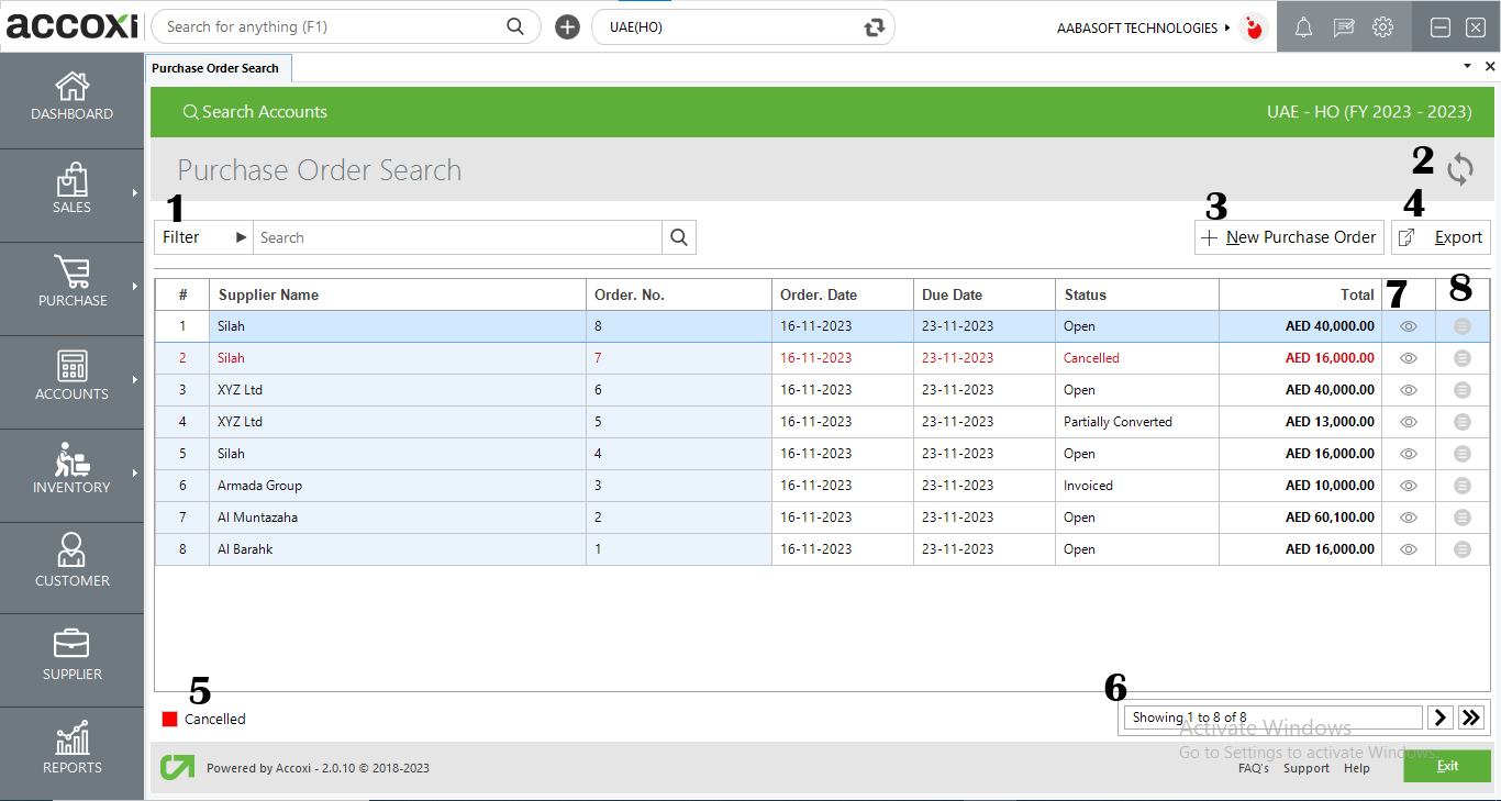 Menus Available In Purchase Order Search