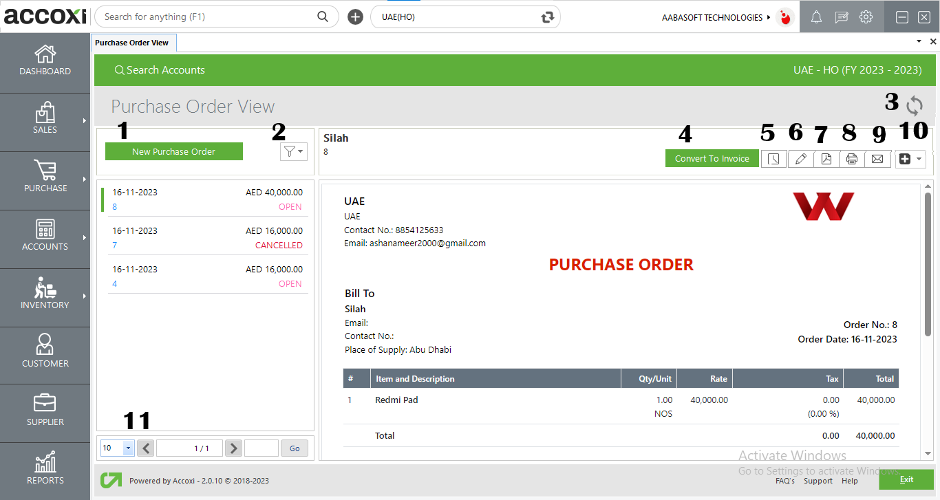 Menus Available In Purchase Order View