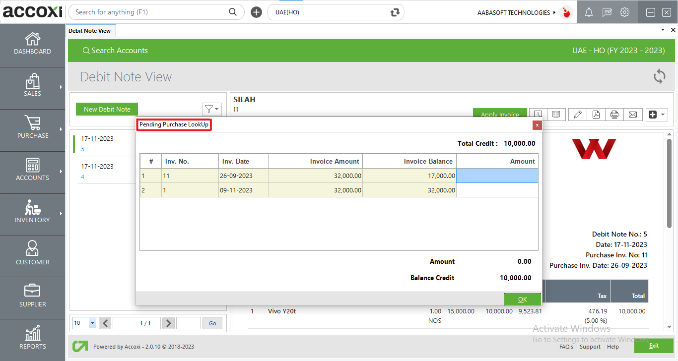 Pending Purchase Lookup In Debit Note