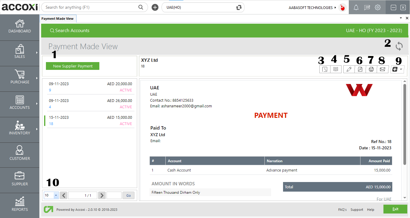 Menus Available In Supplier Advance Payment View Screen