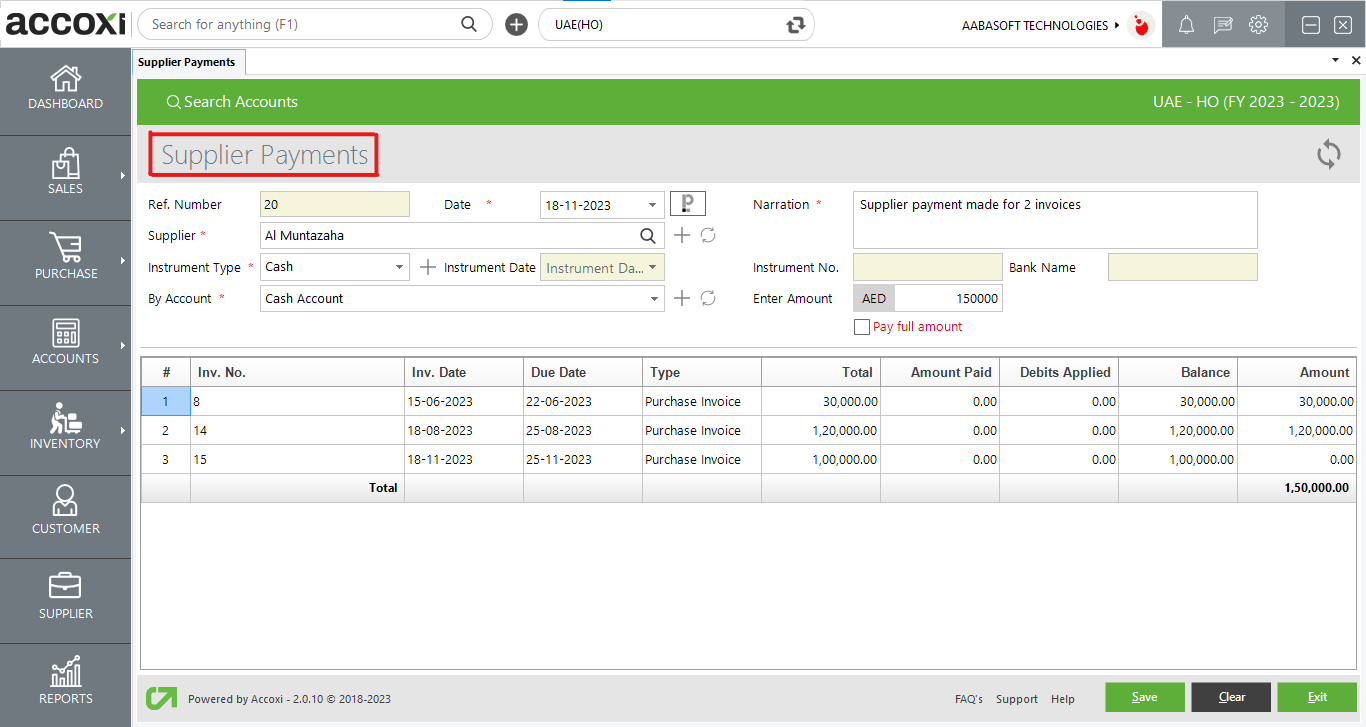 Supplier Payments Screen