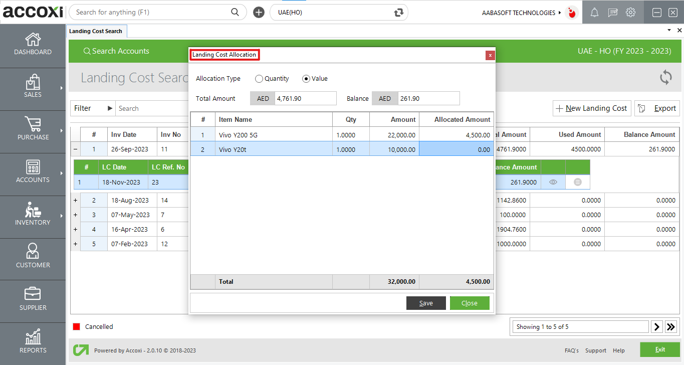 Landing Ciost Allocation Screen