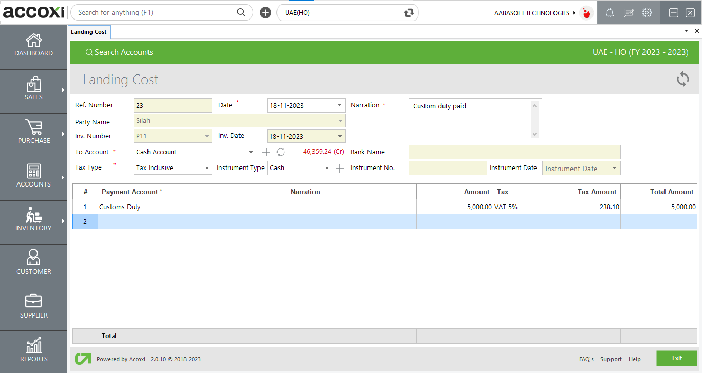 Landing Cost View Screen