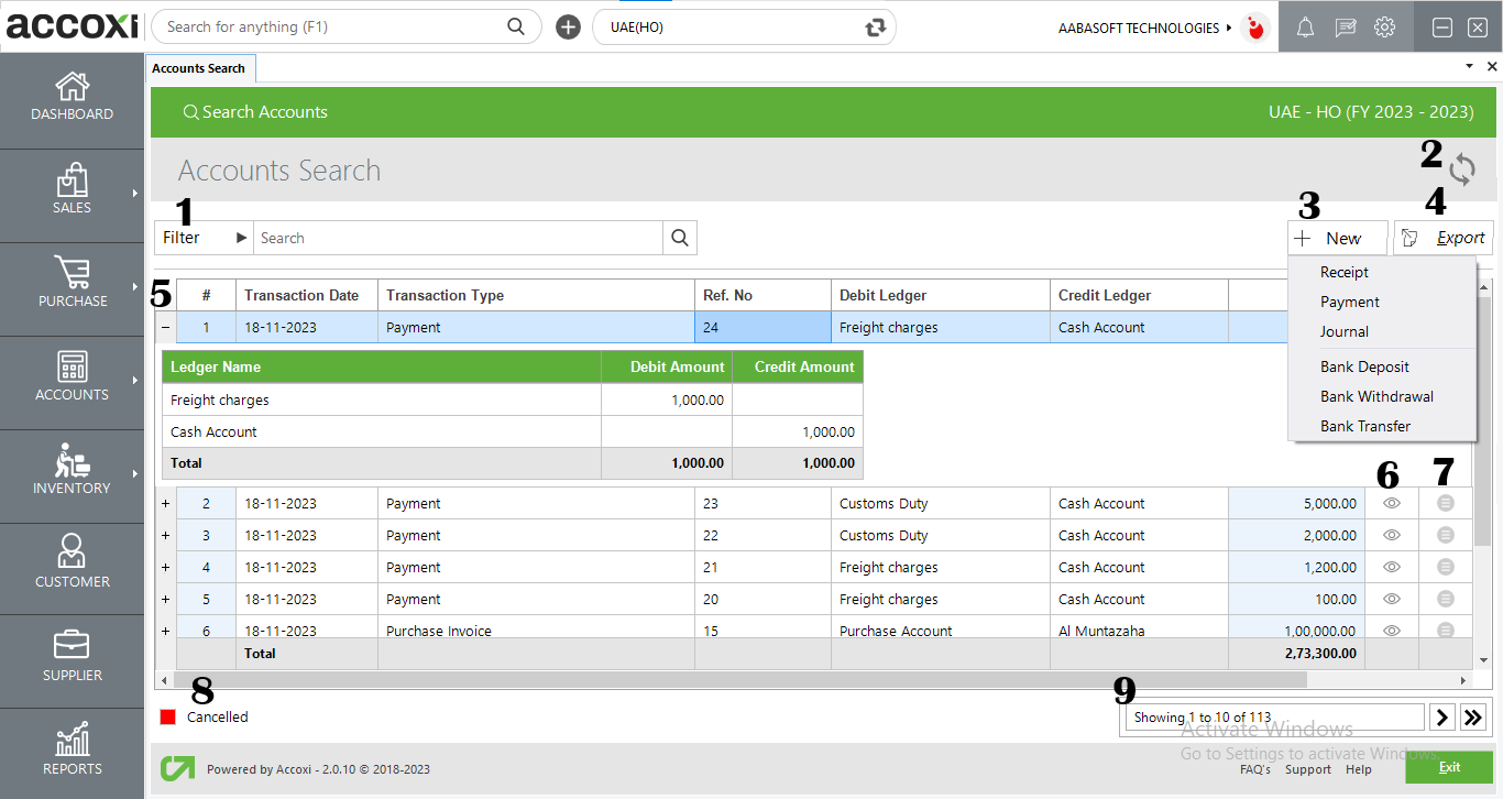 Menus Available In Accounts Search Screen
