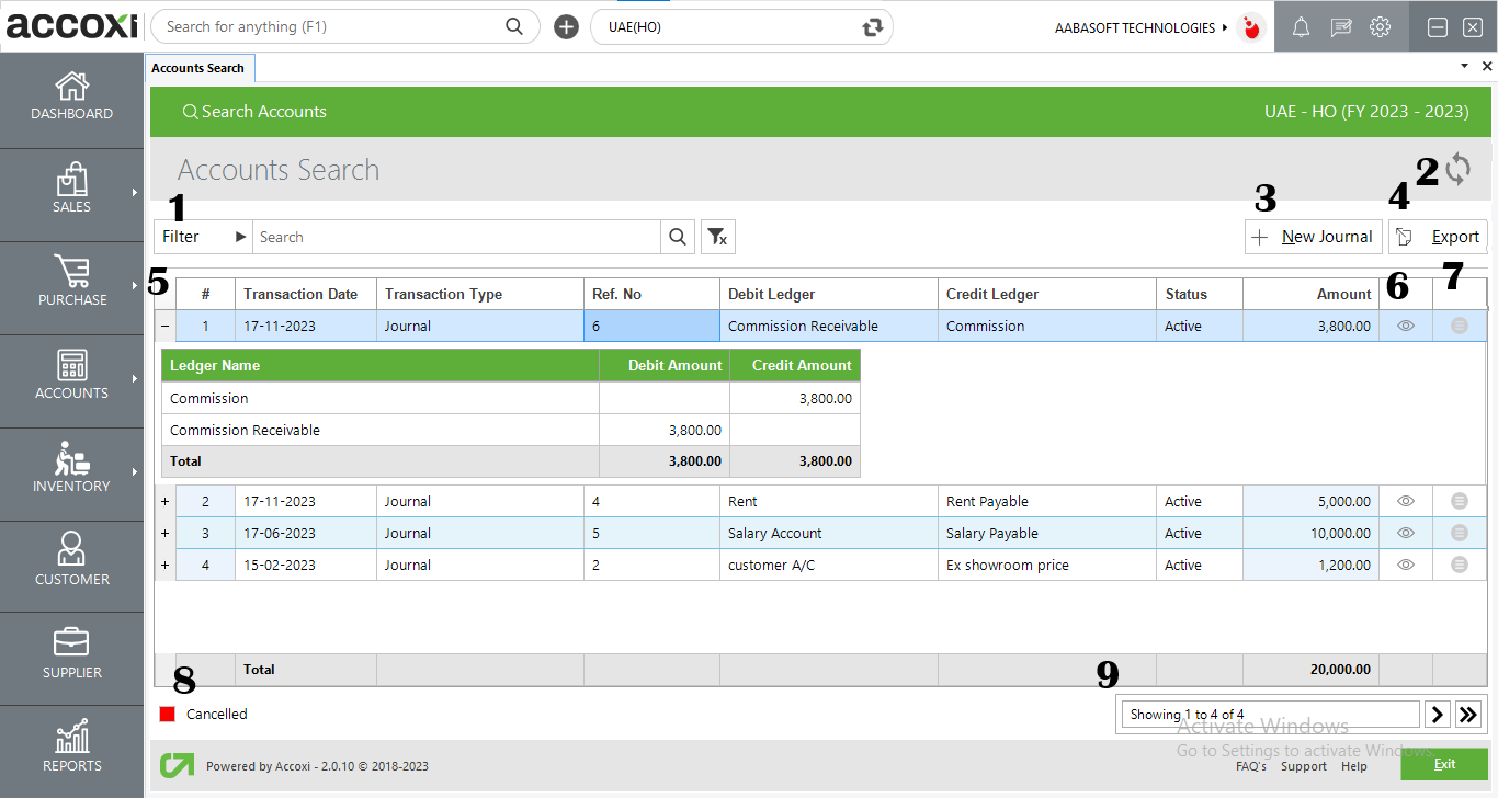 Menus Available In Journal Serach Screen