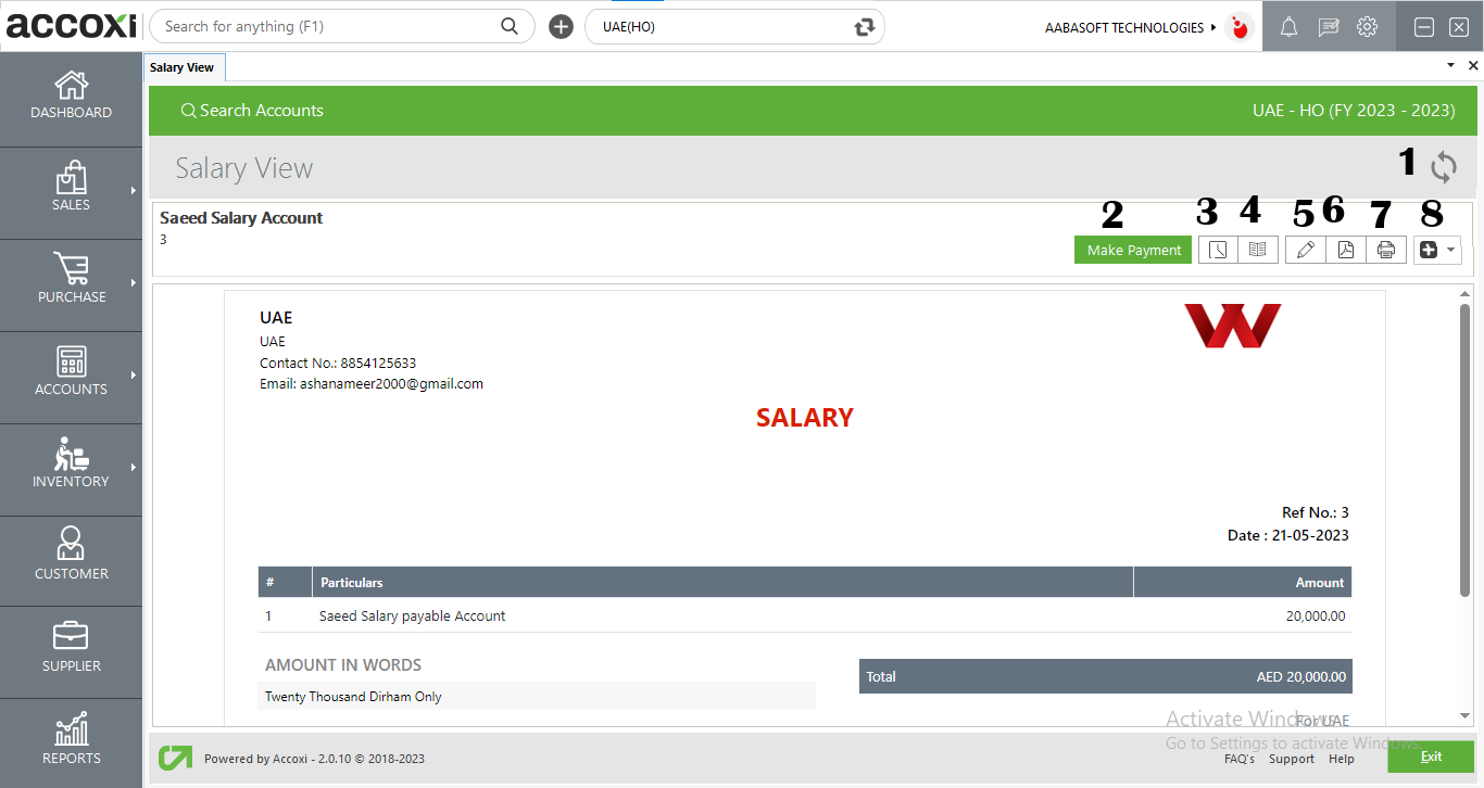 Menus Available In Salary View Screen