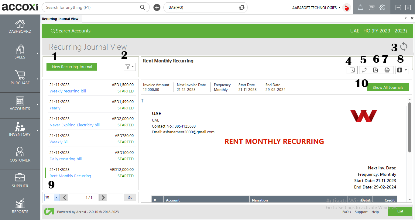 Menus Available In Recurring Journal View