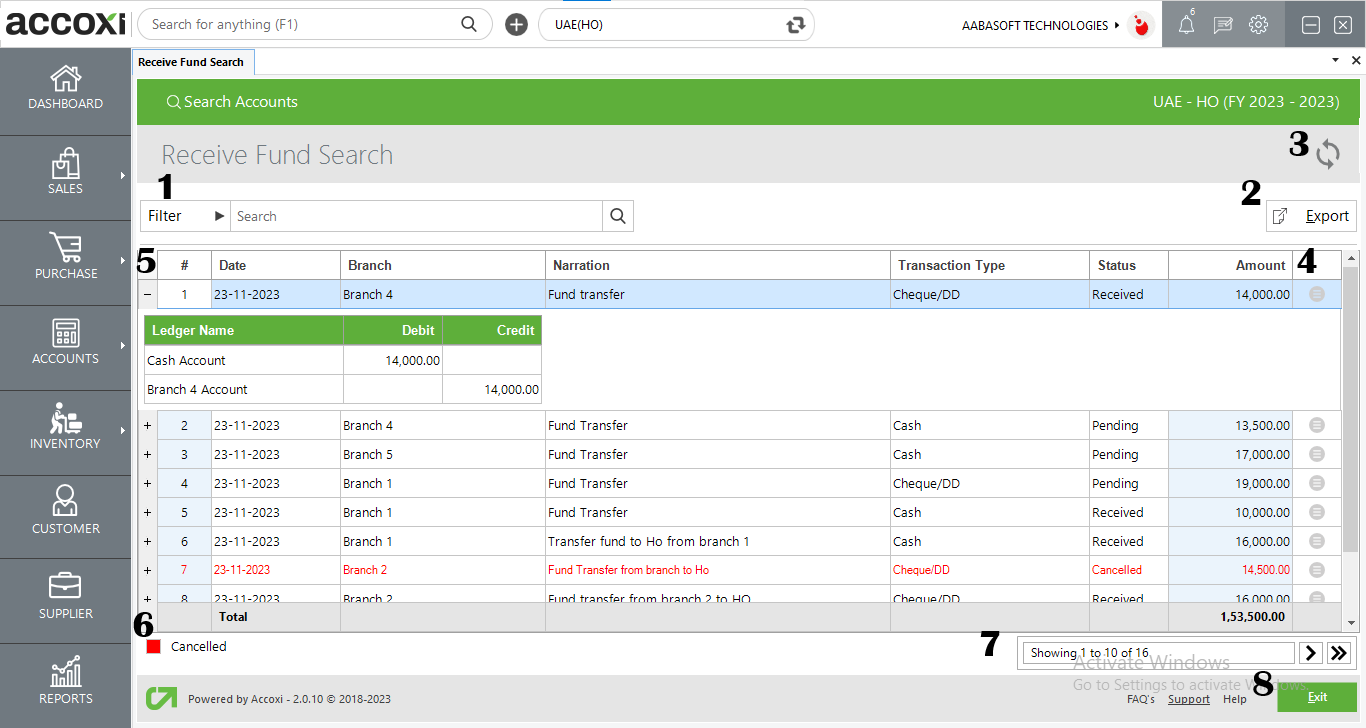 Menus Available In Receive Fund Search Screen