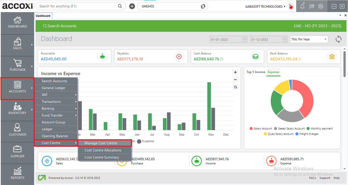 Manage Cost Centre