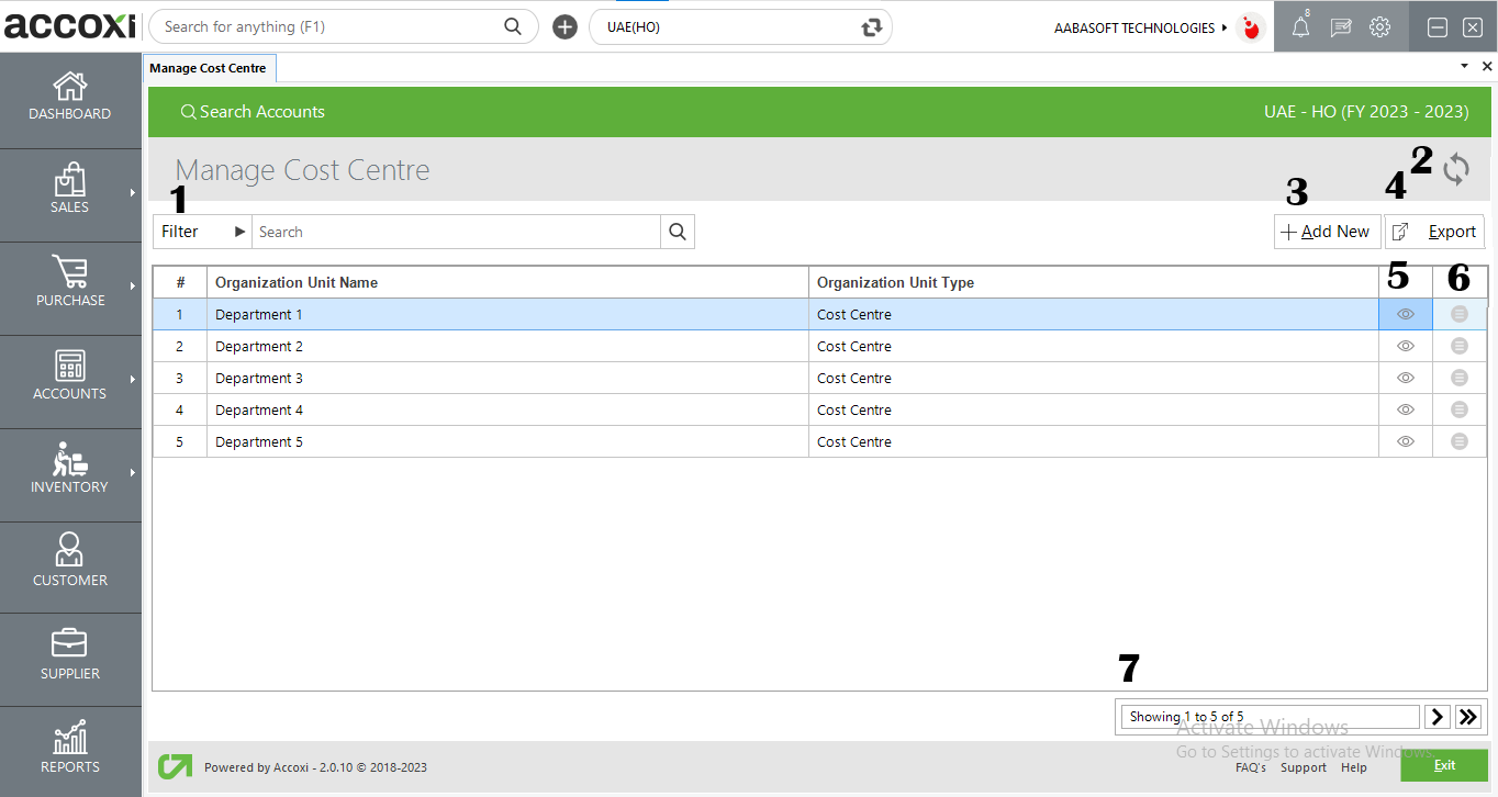 Menus Available In Manage Cost Centre