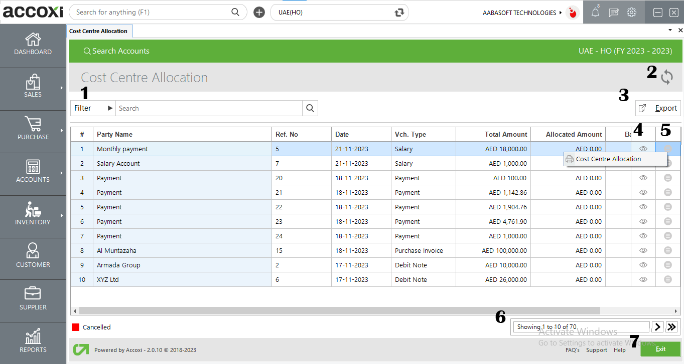 Menus Available In Cost Centre Allocation