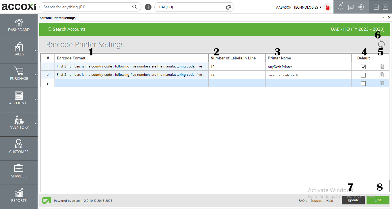 Menus Available In Barcode Printer Settings