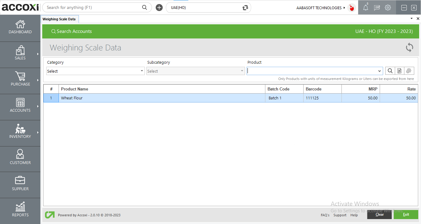 Weighing Scale Data Screen