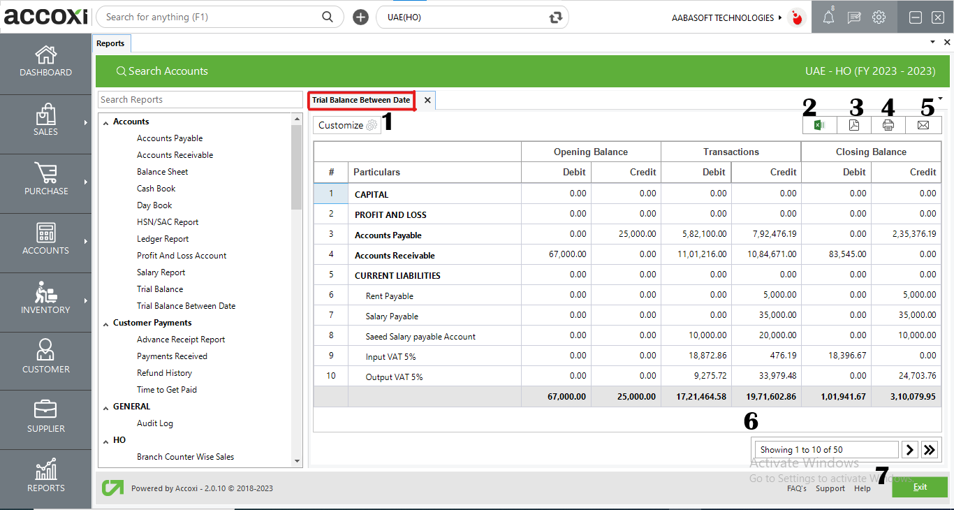 Menus Available In Trial Balance Between Date