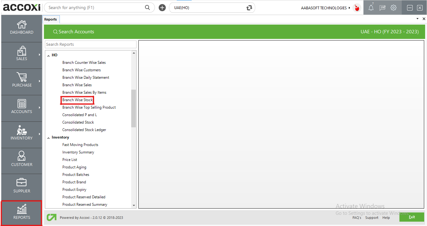 Branch Wise Stock Report