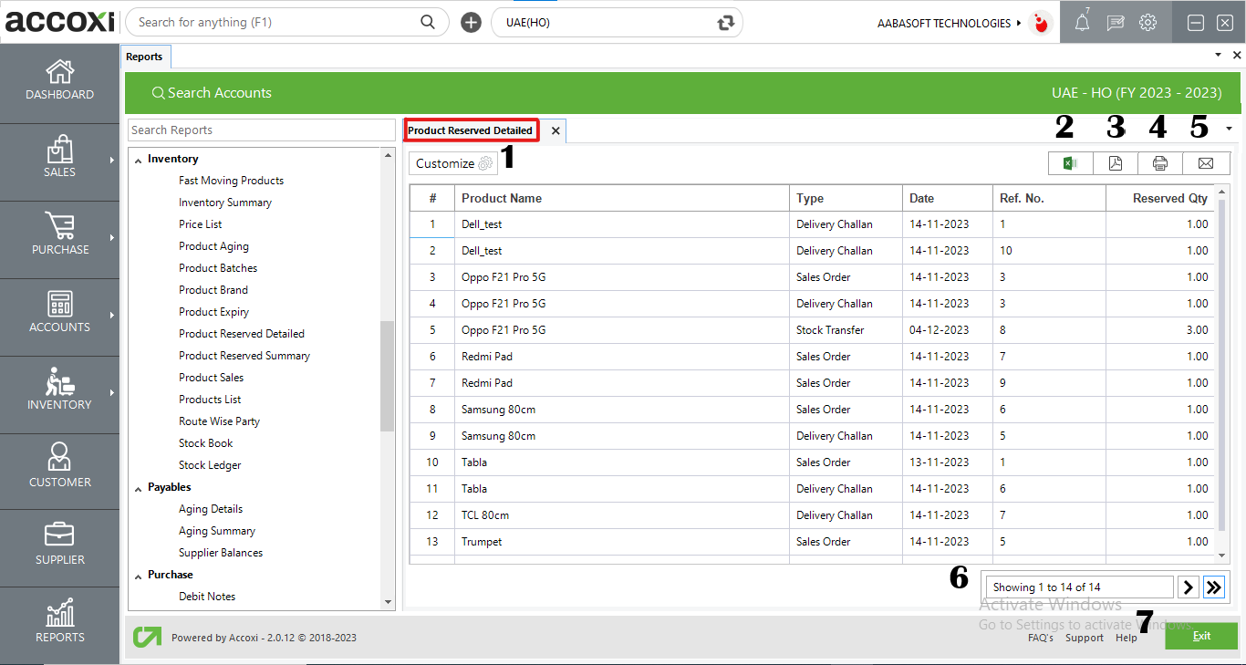 Menus Available In Product Reserved Detailed Report