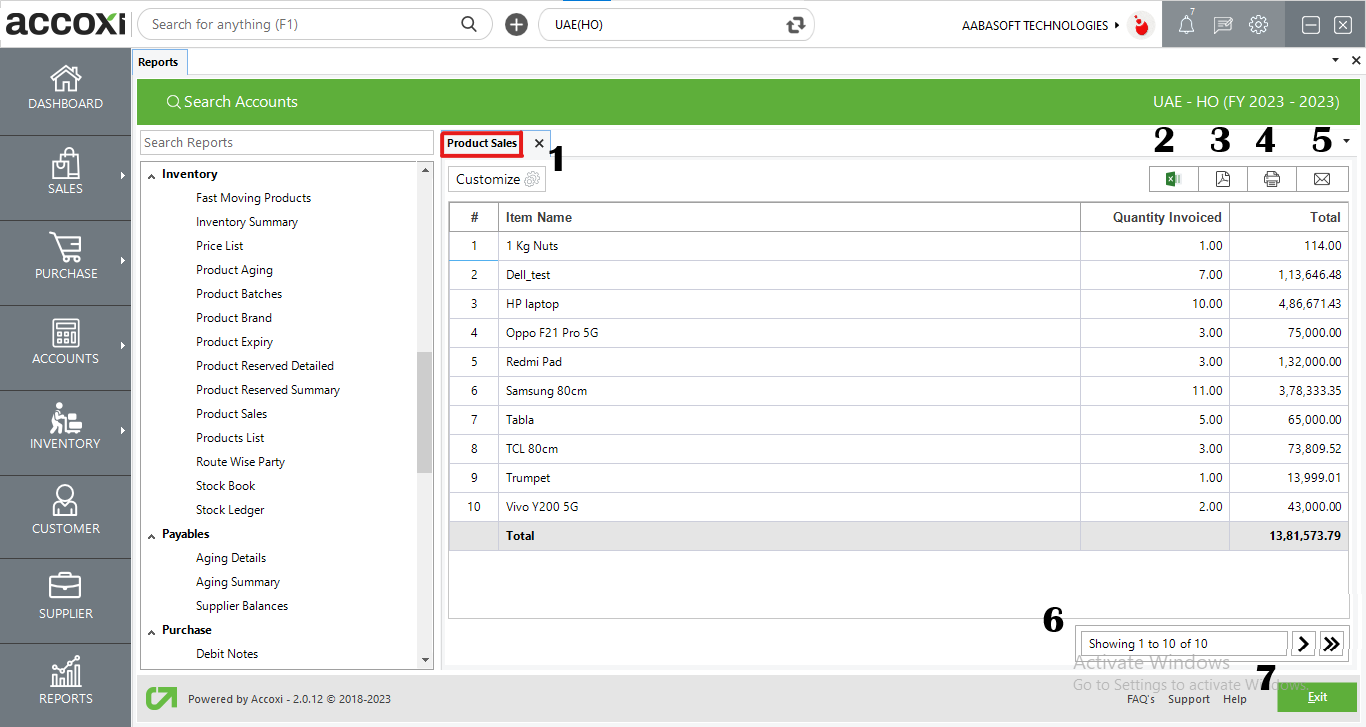 Menus Available In Product Sales Report