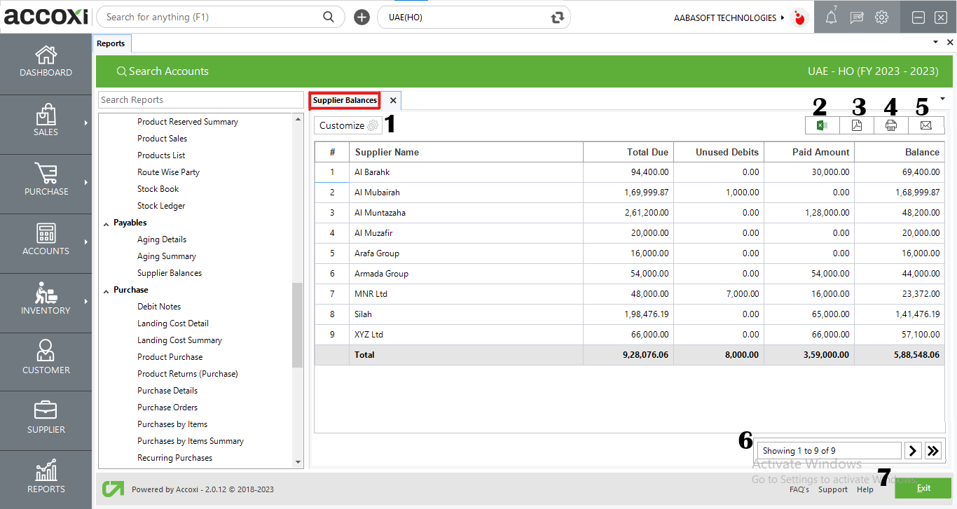 Menus Available In Supplier Balances Report