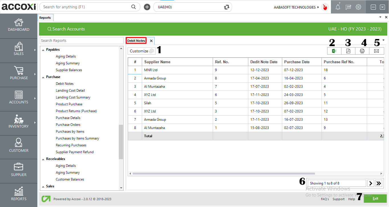 Menus Available In Debit Note Report