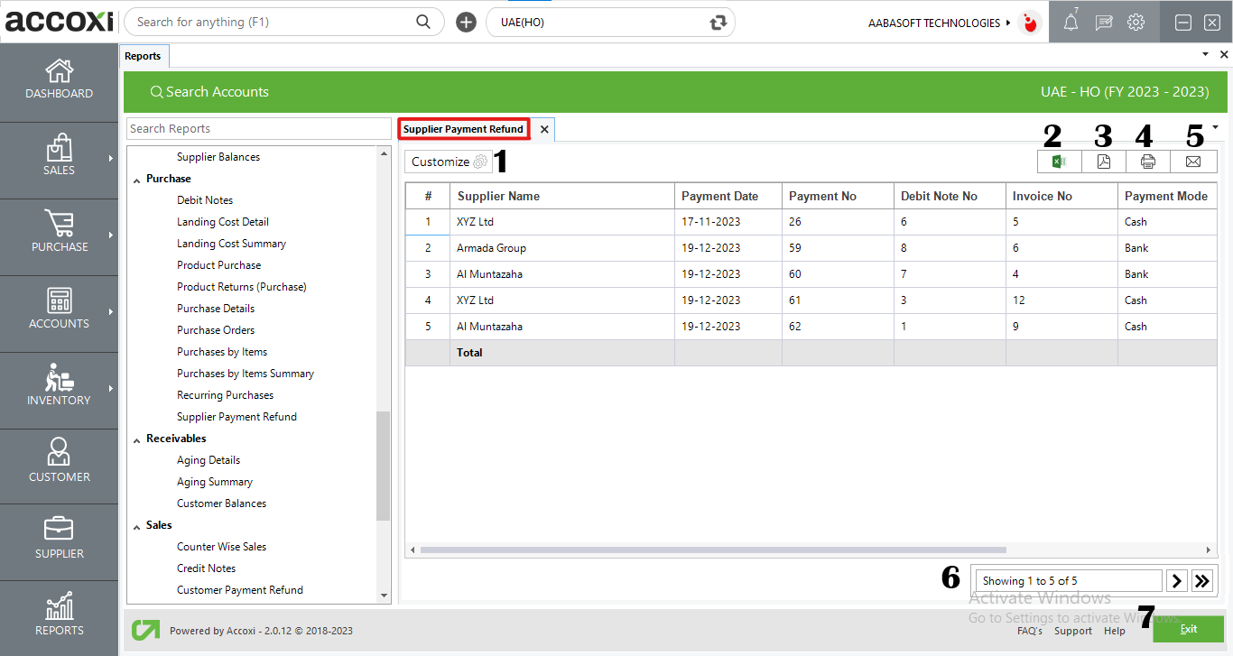 Menus Available In Supplier Payment Refund Report