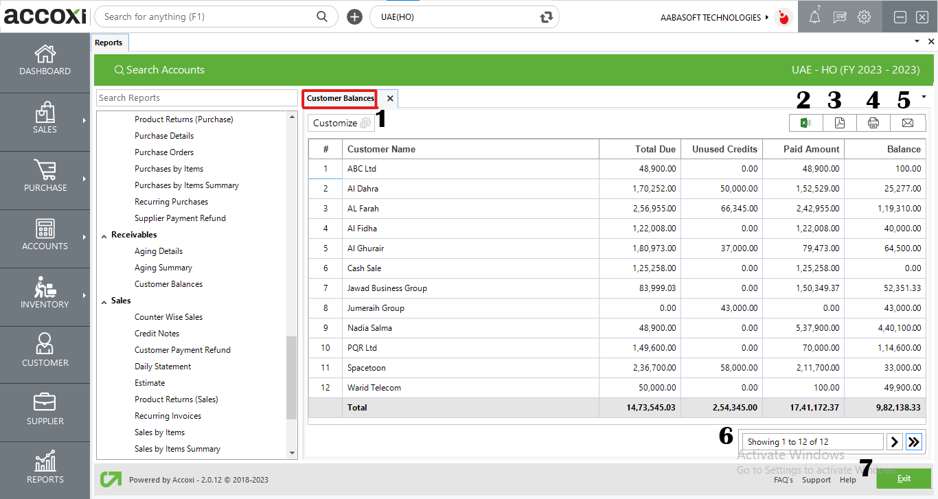 Menus Available In Customer Balances Report