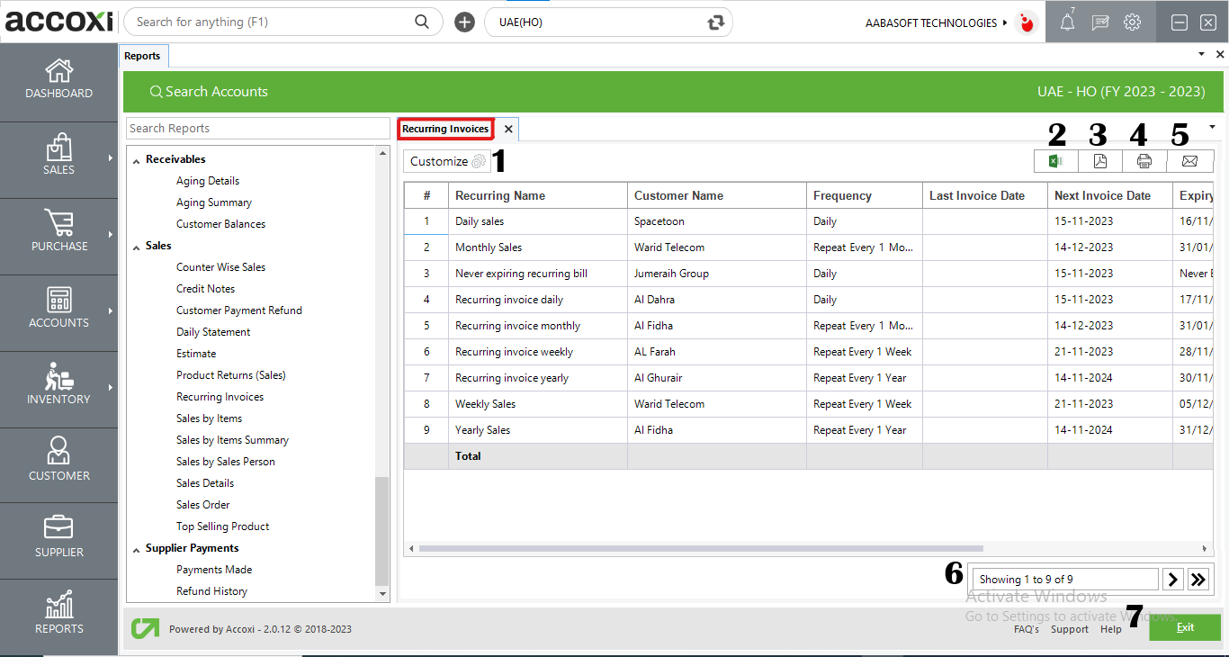 Menus Available In Recurring Invoices