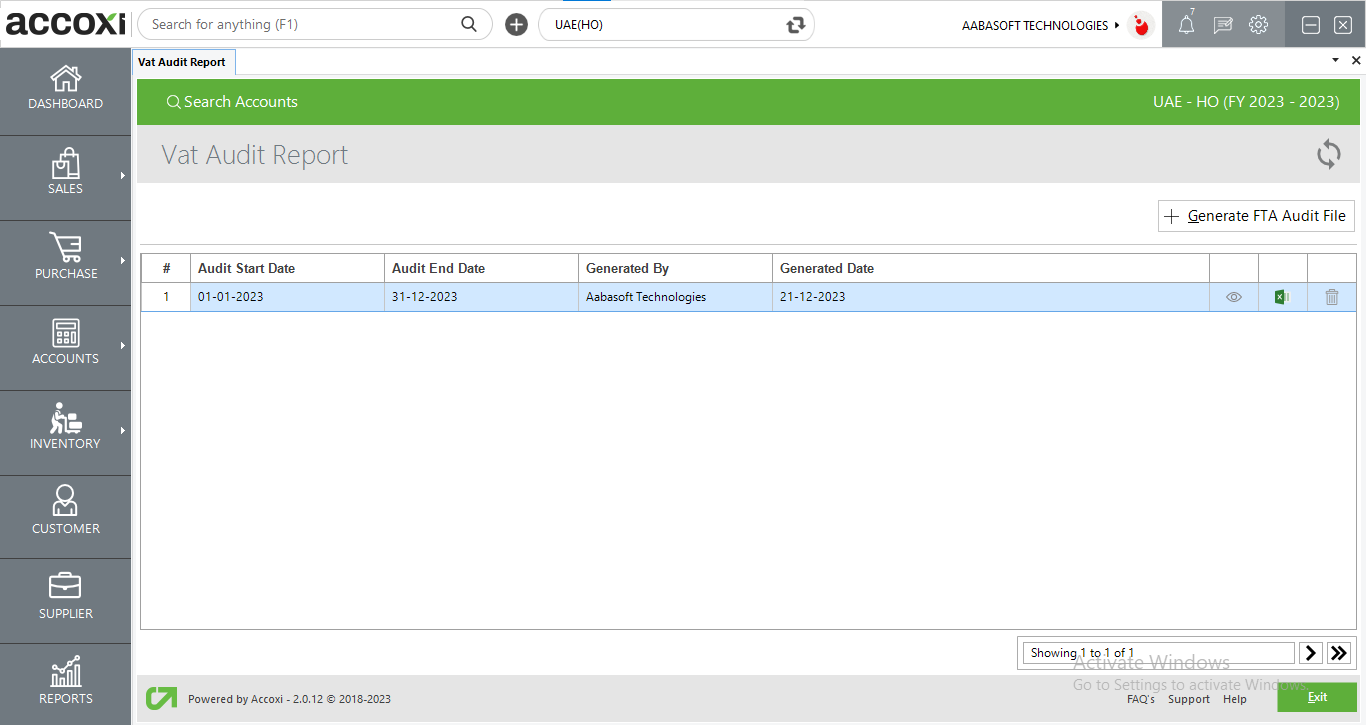 FTA Generated Vat Audit File