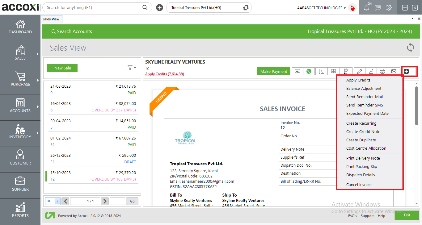 More Option In Sales View Screen