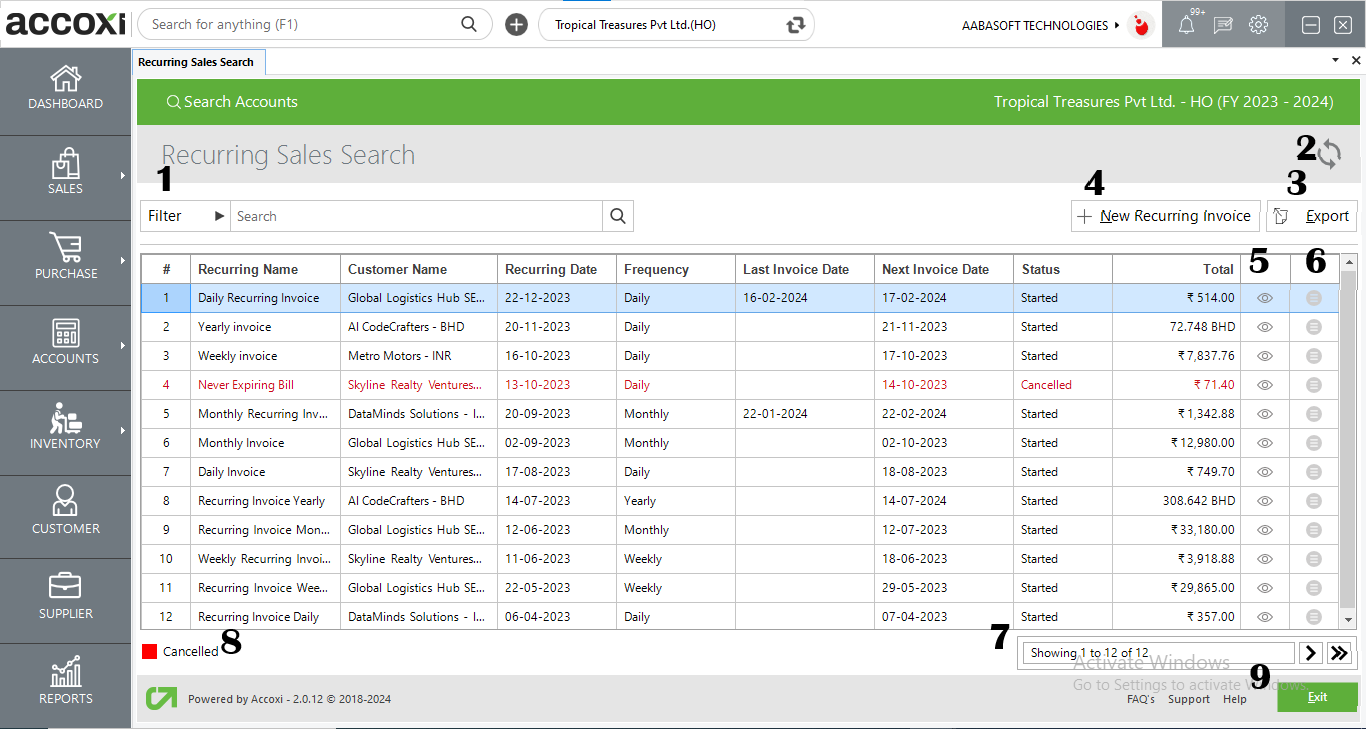 Menus Available In Recurring Invoice