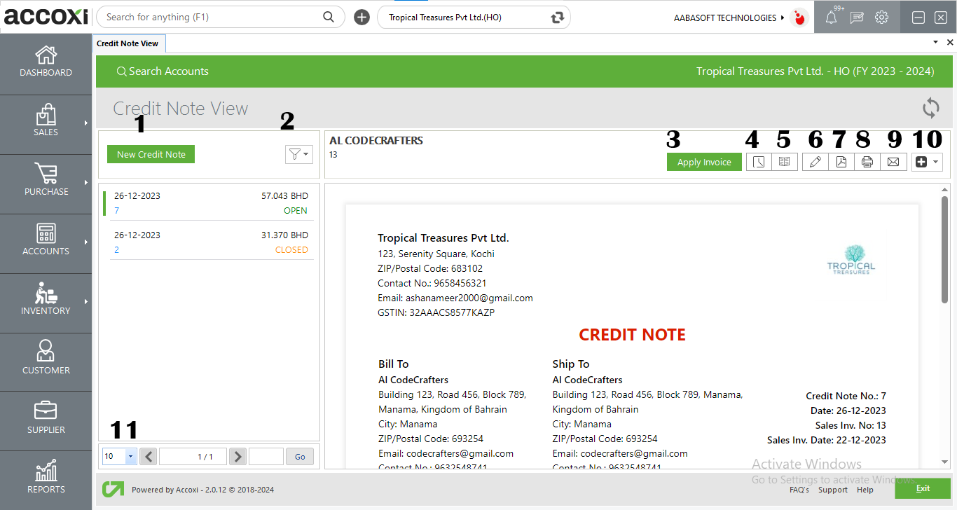 Credit Note View Screen