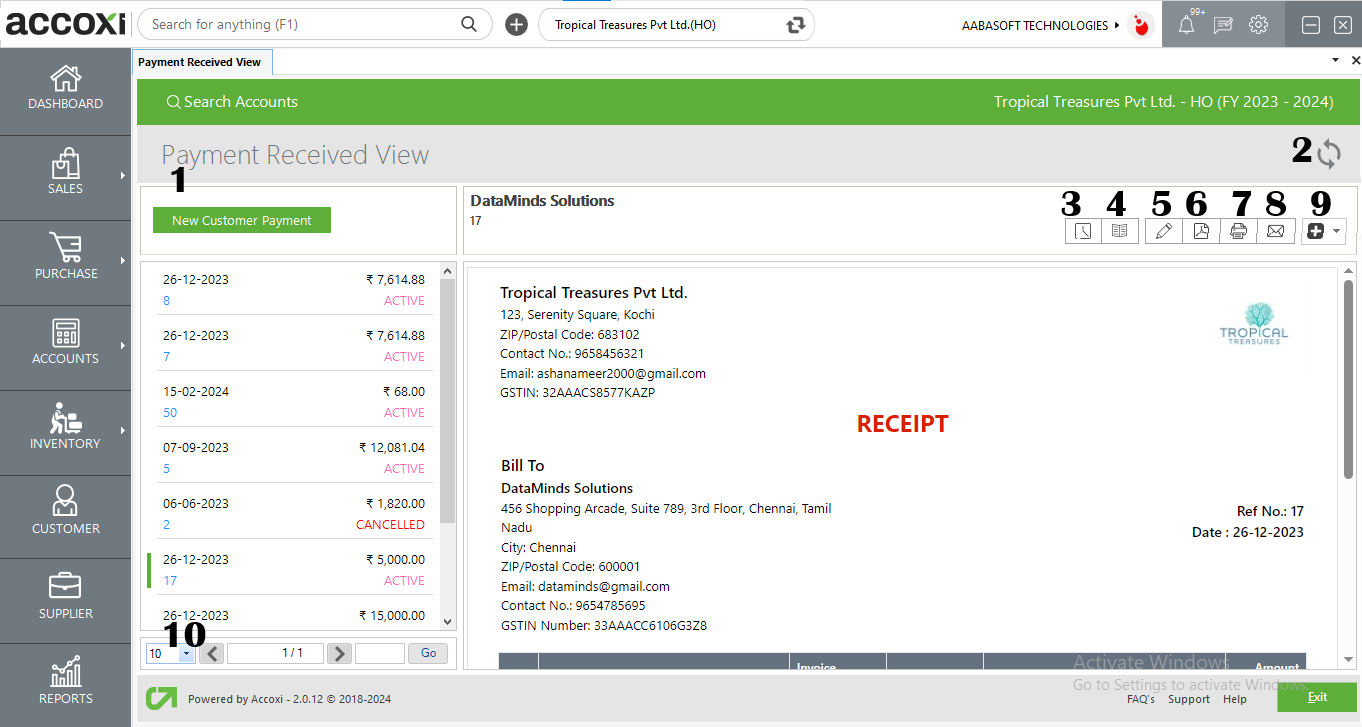 Customer Payments View Screen