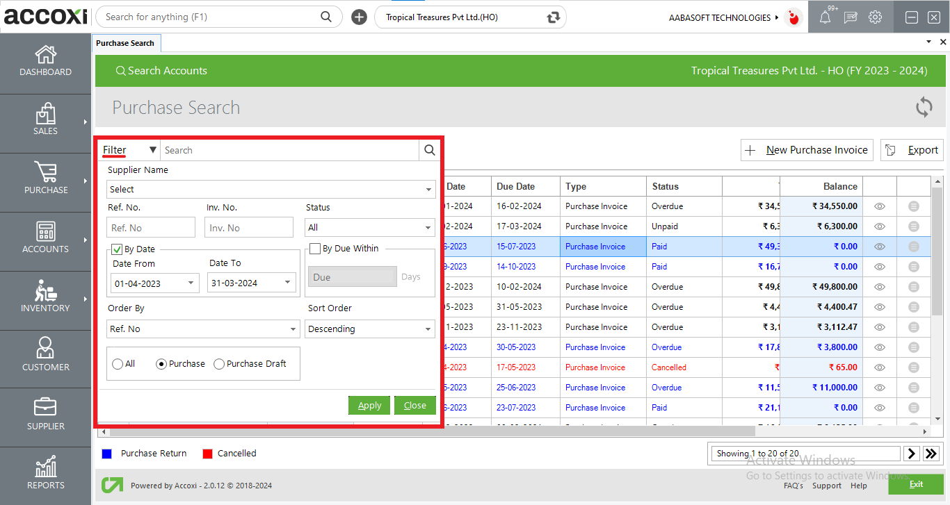 Filter Option In Purchase Invoice