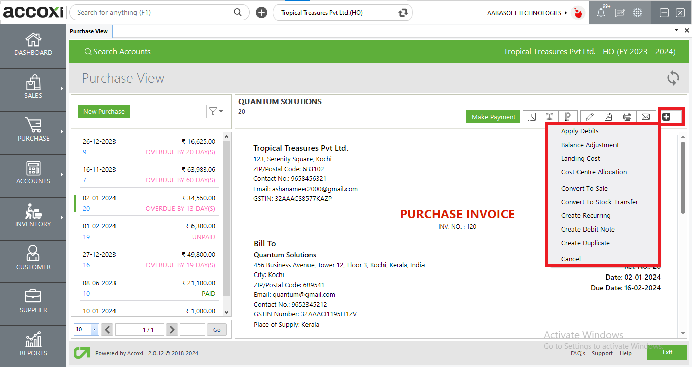More Option In Purchase Invoice