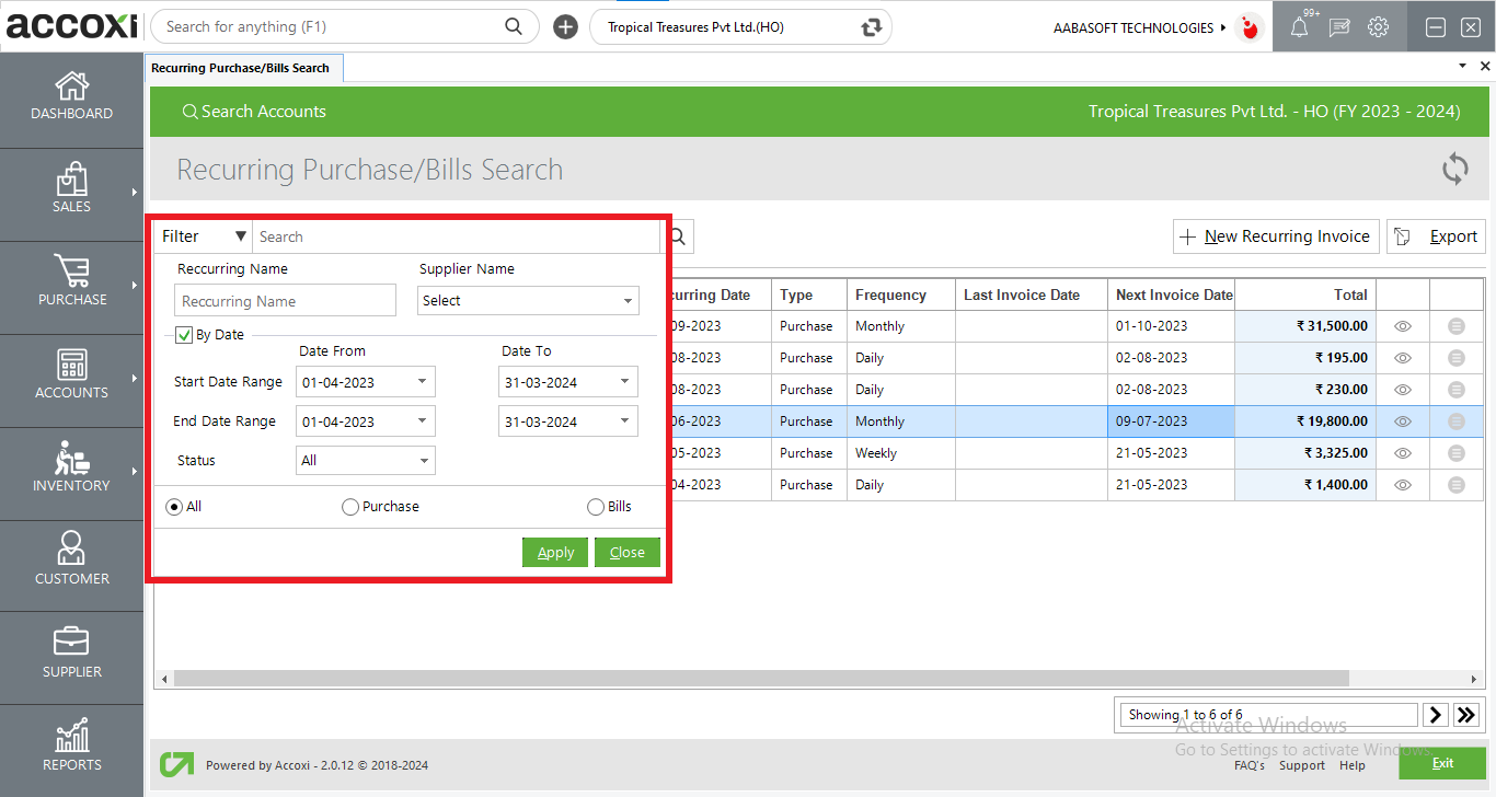 Filter Option In Recurring Invoices