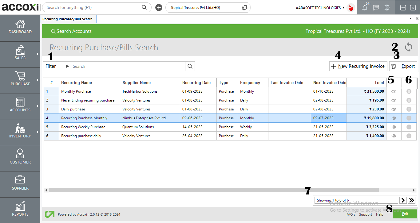 Menus Available In Recurring Invoice Search Screen