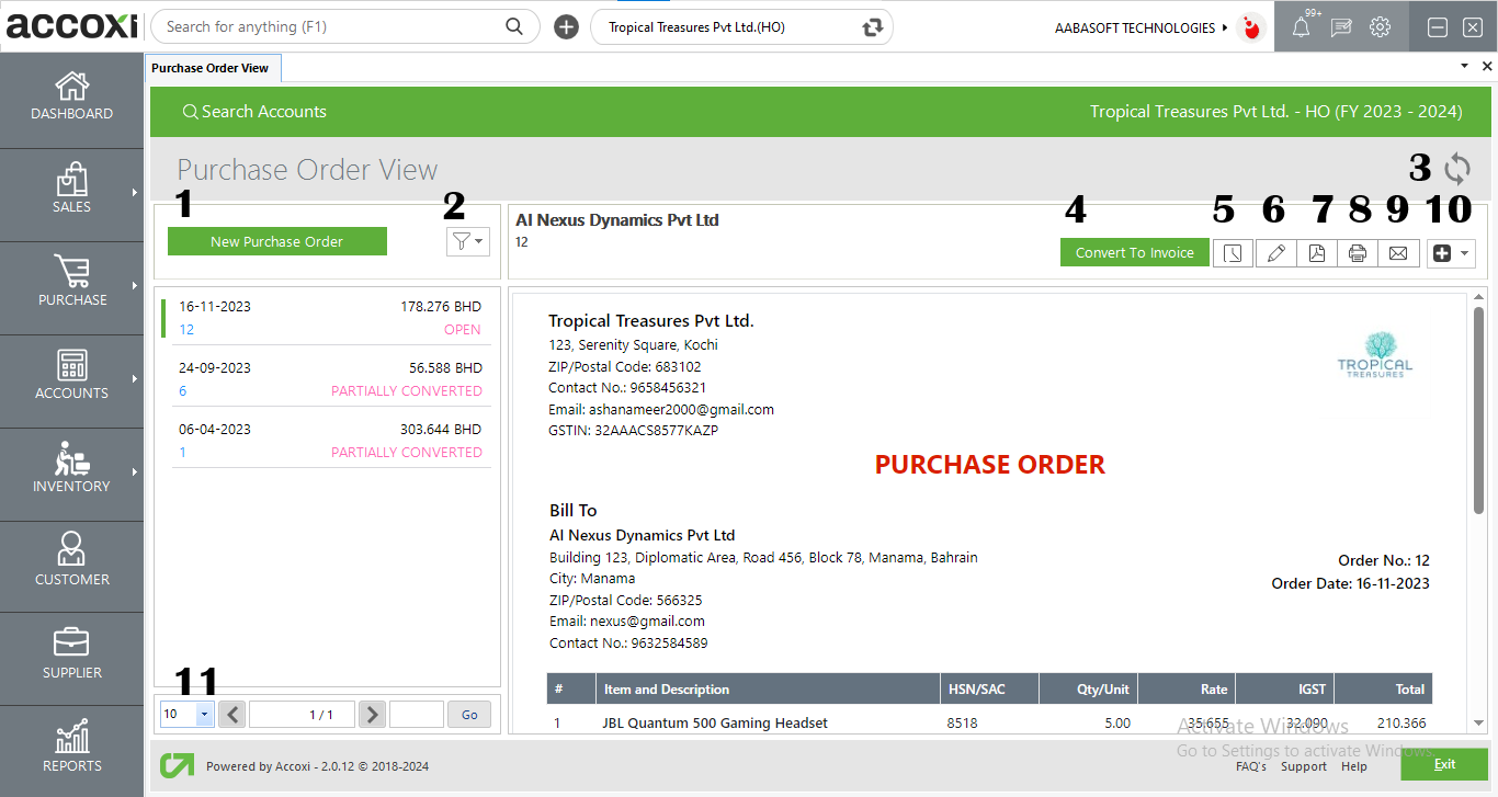 Menus Available In Purchase Order View