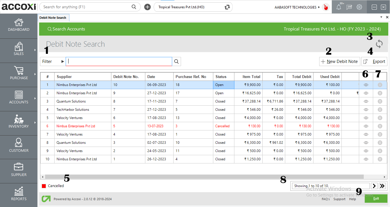 Menus Available In Debit Note Search