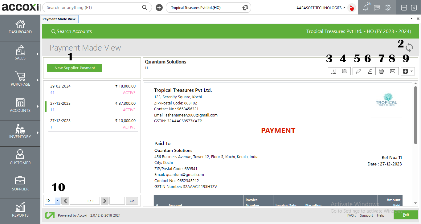 Menus Available In Supplier Payment View