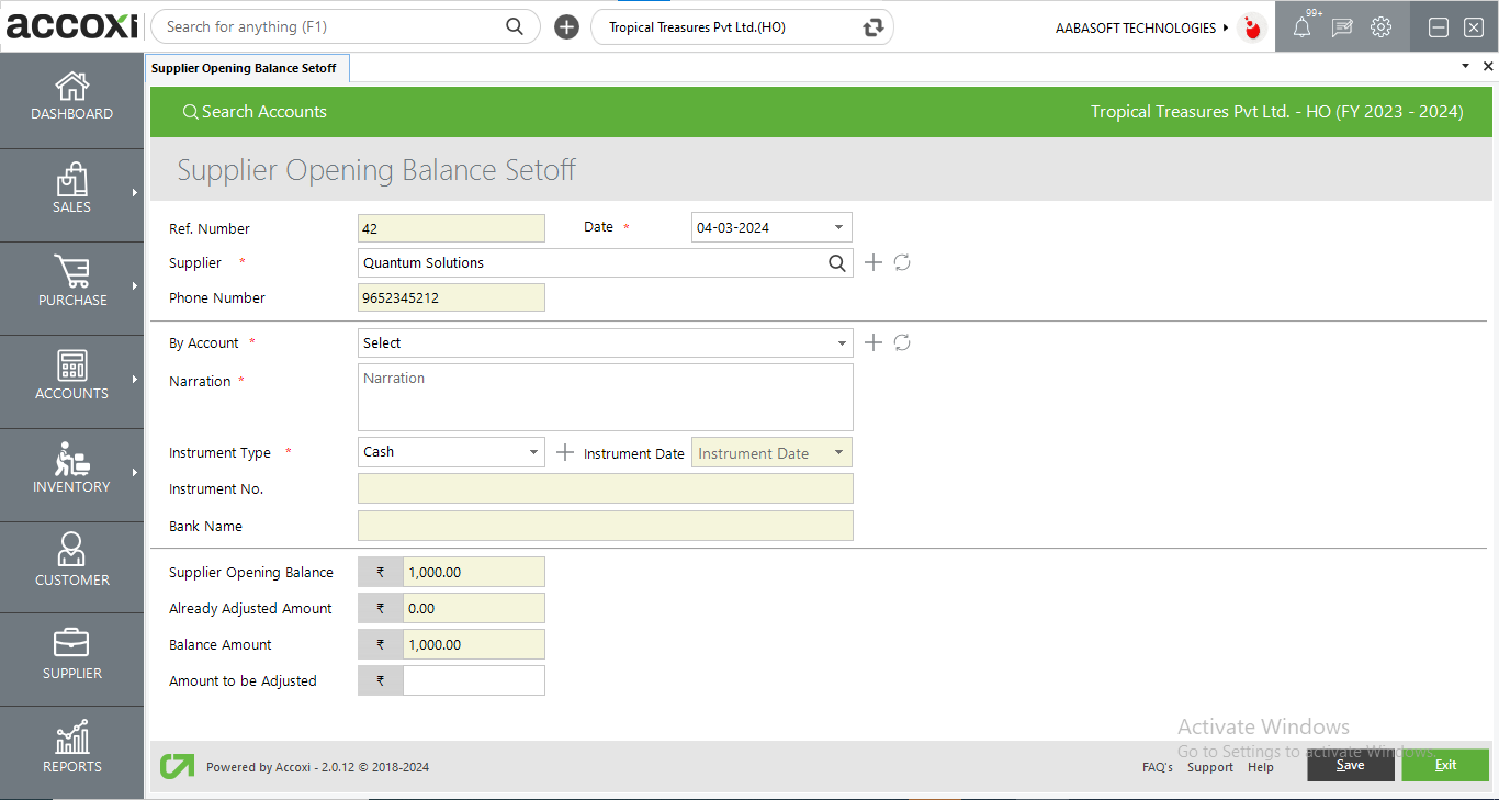 Opening Balance Set Off