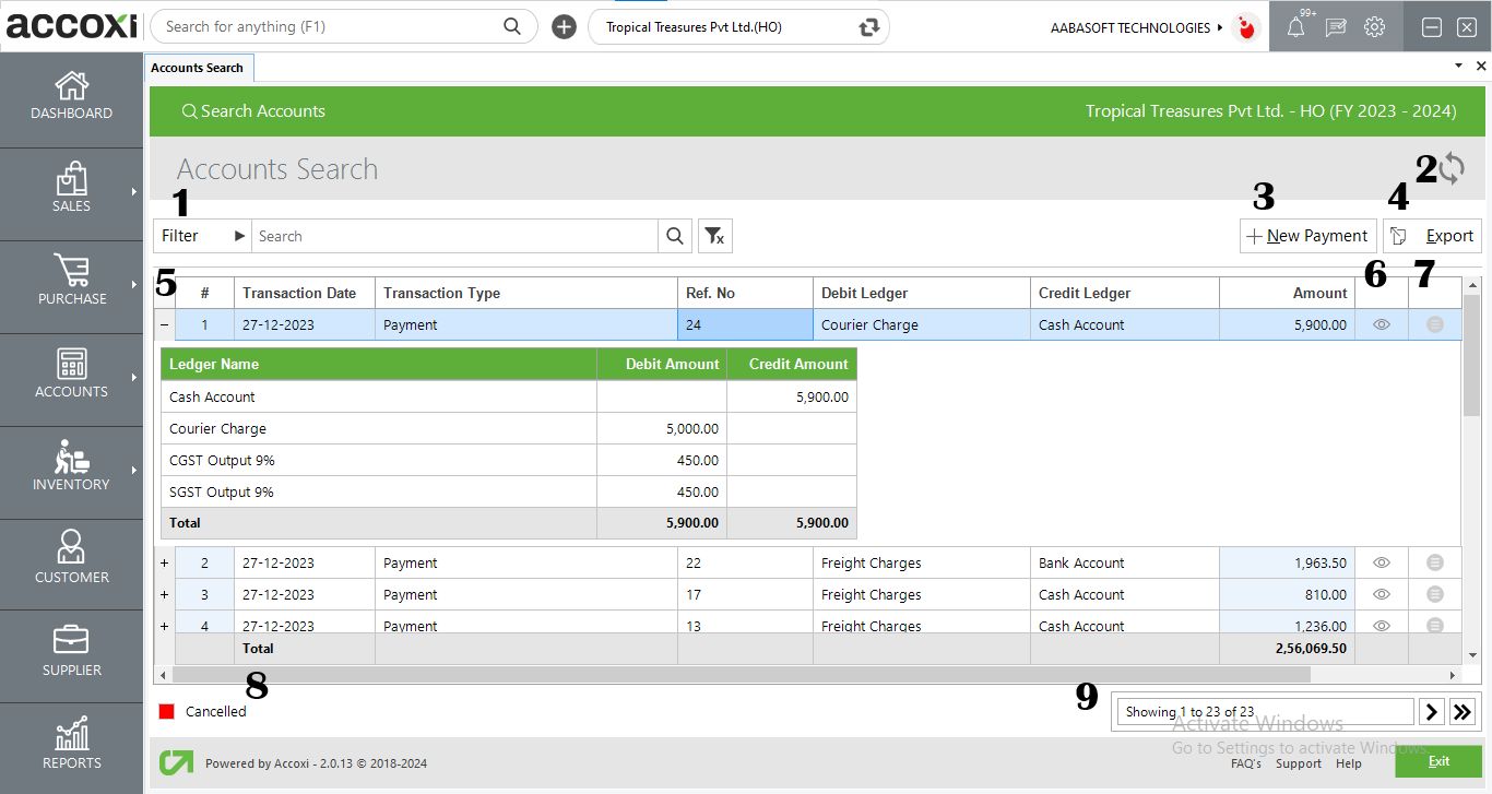 Menus Available In Payment Search Screen