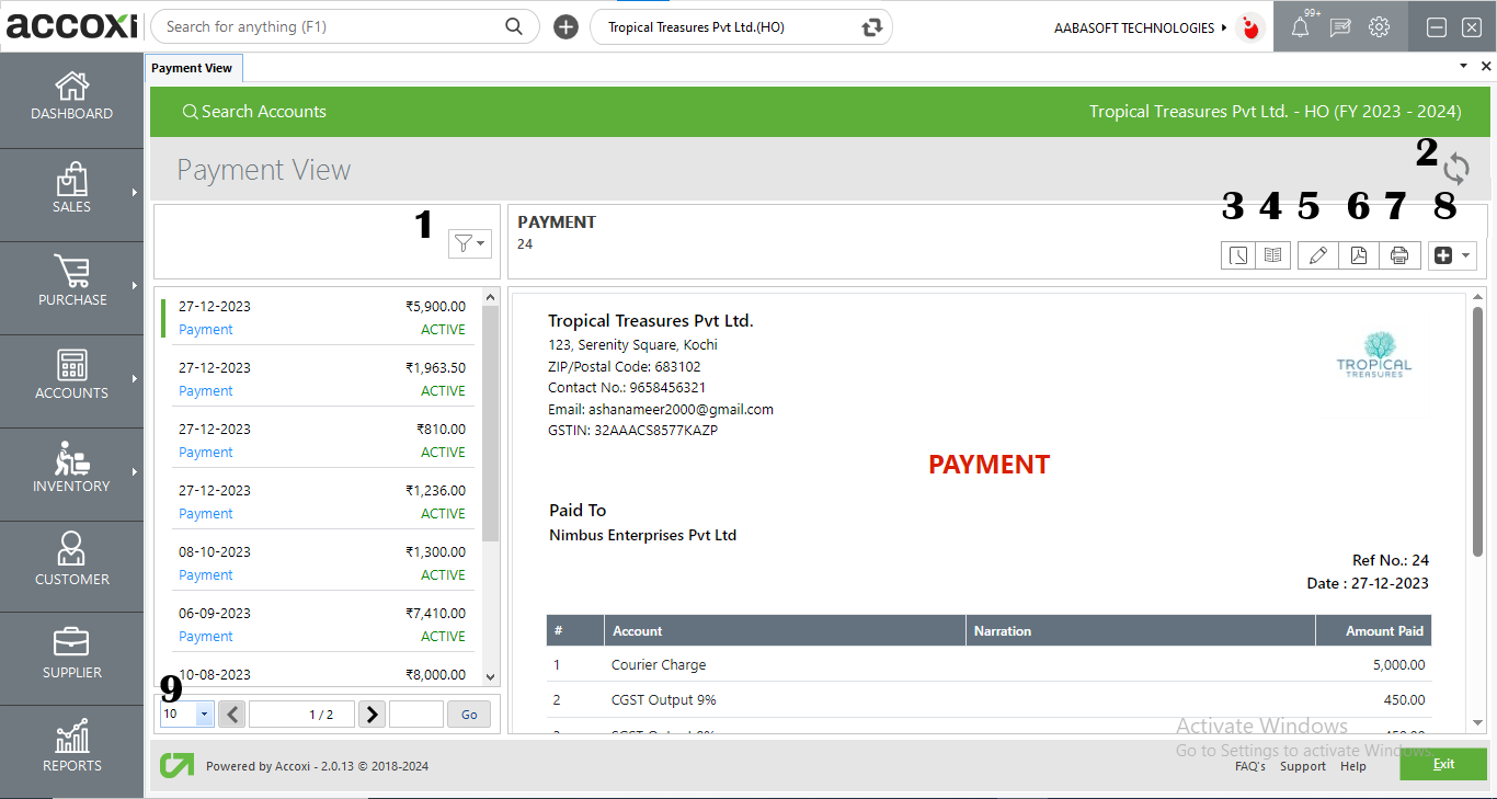 Menus Available In Payment View Screen