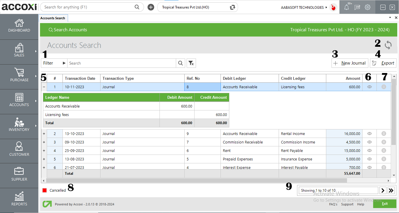 Menus Available In Jounal View Screen