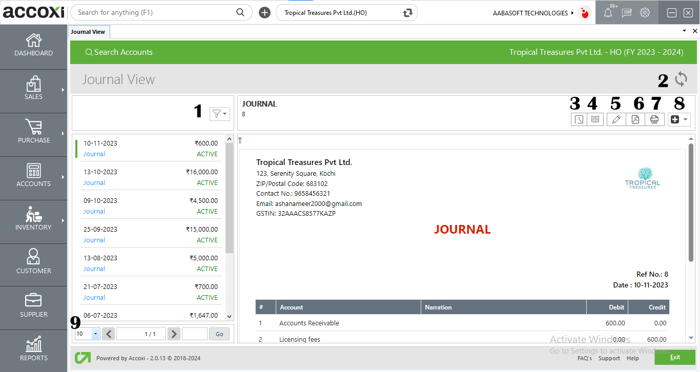 Menus Available In Journal View Screen