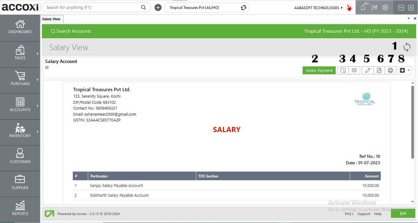 Menus Available In Salary View Screen