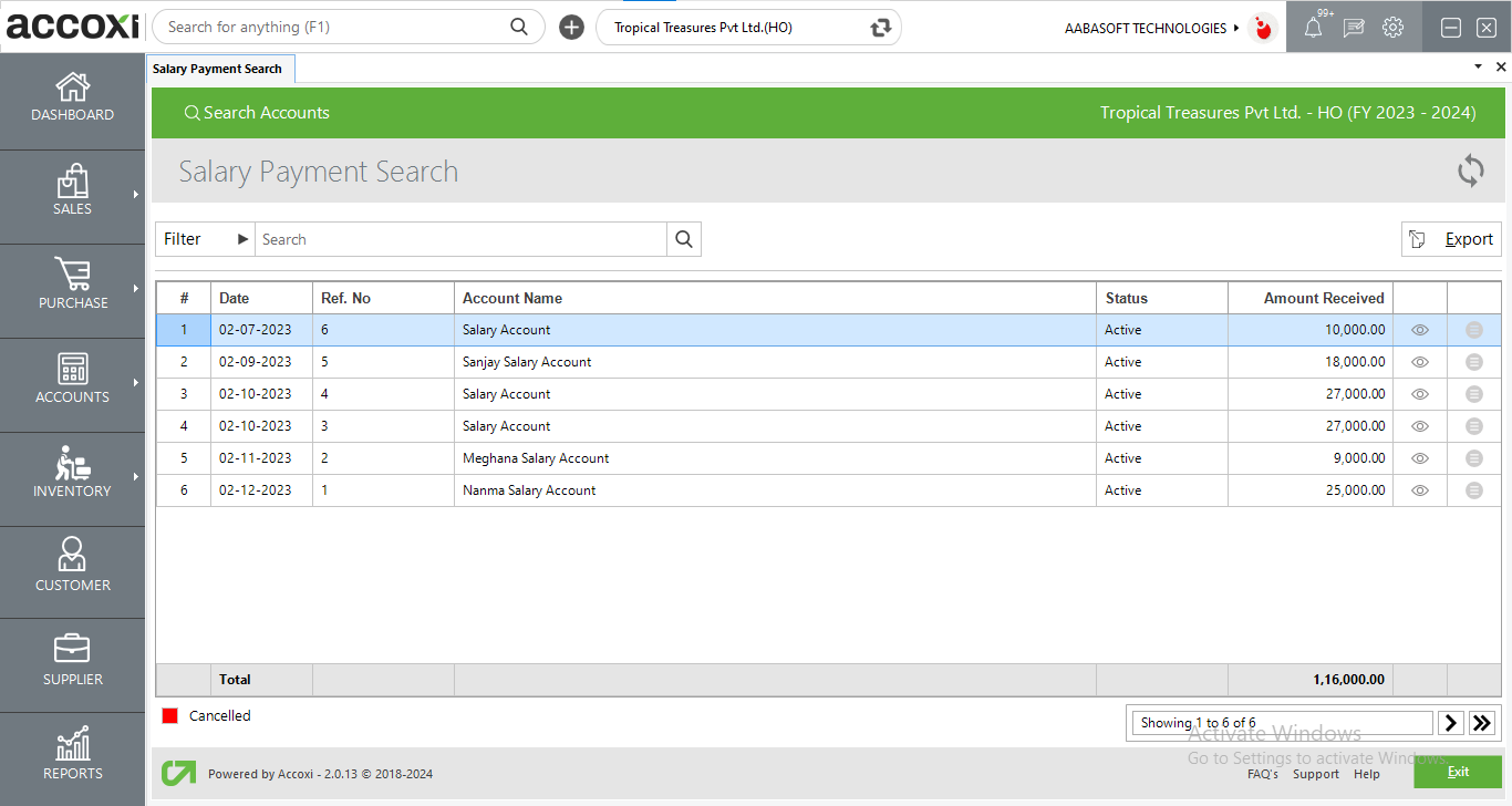 Salary Payment Search Screen