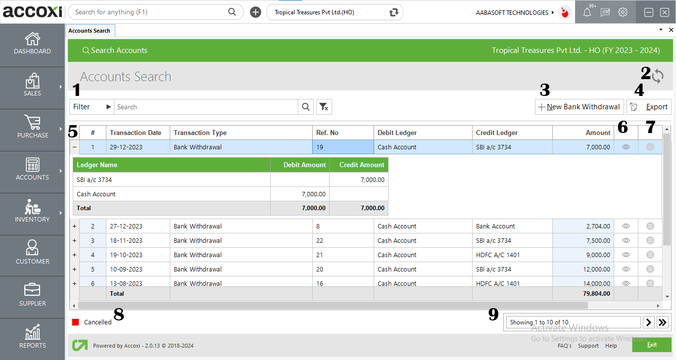 Menus Available In Bank Withdrawal Search