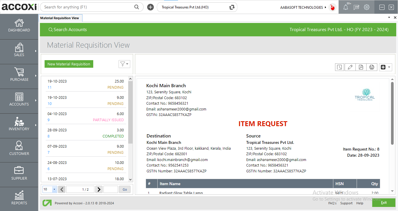 Material Requisition View