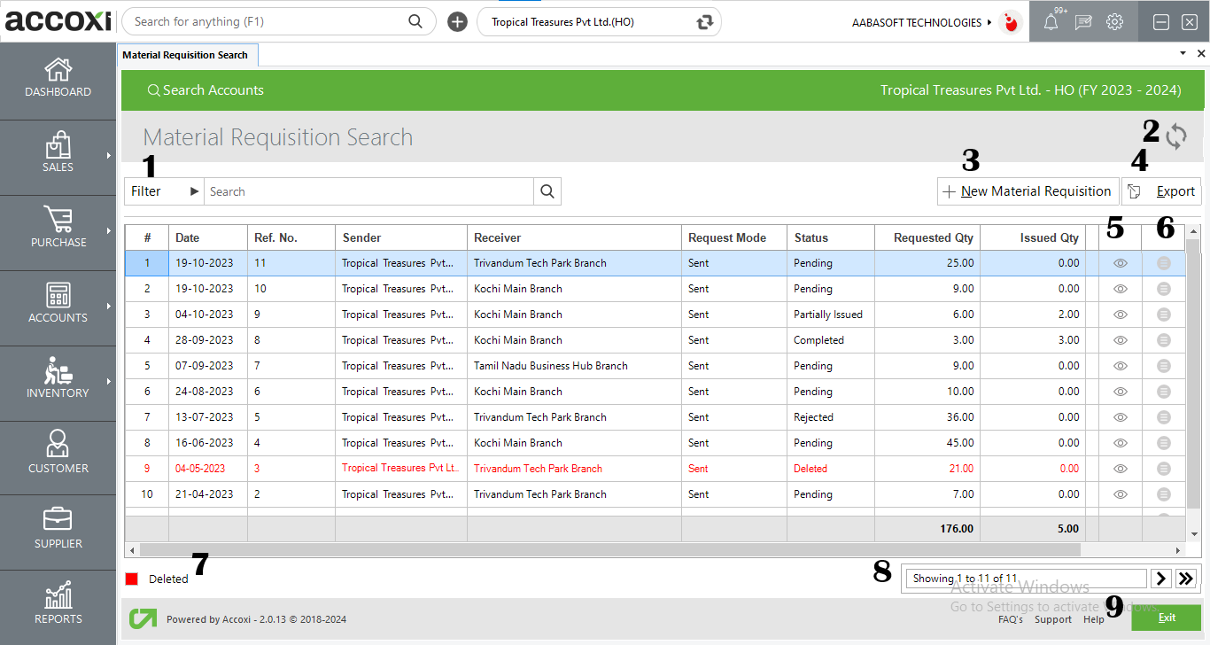 Menus Available In Material Requisition Search Screen