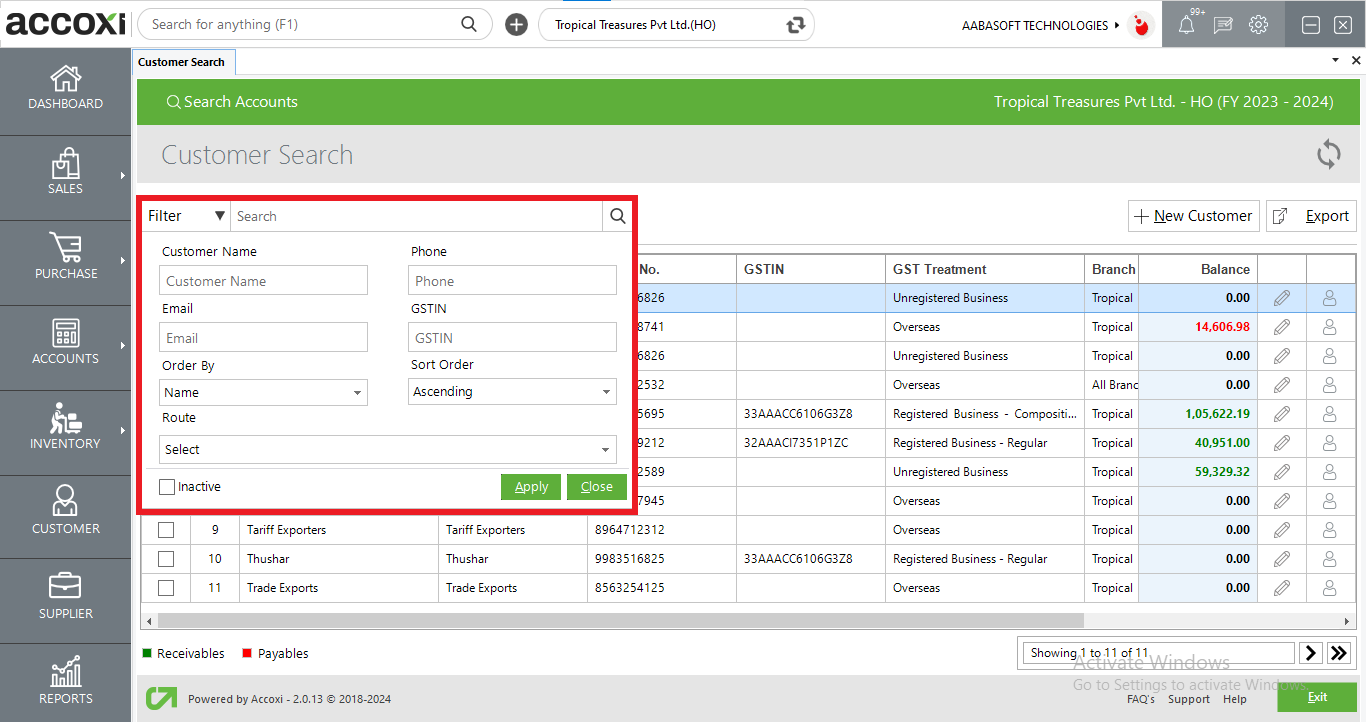 Filter Option In Customer